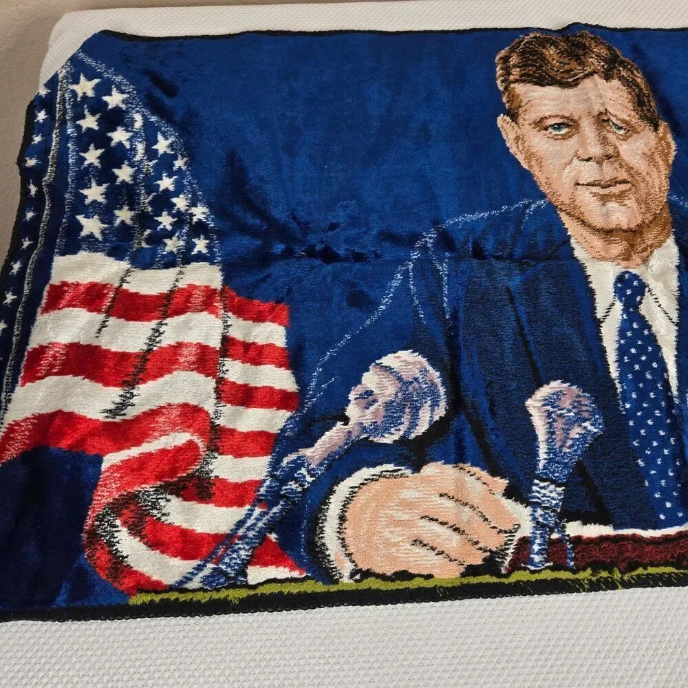 Vintage 1965 JFK Tapestry Wall Hanging 38x20 Inches Capitol Flag Made In Italy